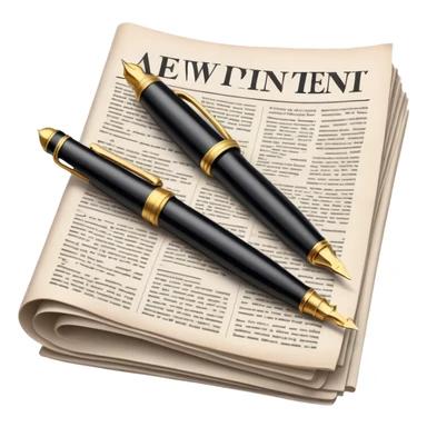 Create an emoji representing journalism and publicistic writing. The design should feature an open newspaper or a stack of articles with visible text columns, symbolizing opinion pieces and analysis. A classic fountain pen or ballpoint pen should be placed near the papers, indicating the act of writing. Optionally, include a small microphone or a press badge to emphasize investigative and journalistic aspects. Use neutral and professional colors like black, white, and muted blue or red. Do not include any emojis or smiley faces. Make the background transparent. sticker