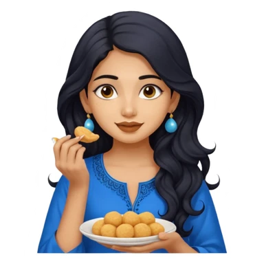 a pretty tan indian bratz girl with wavy long BLACK hair. eyeliner on, wearing a blue kurti, eating golgappa. NO SPOON sticker