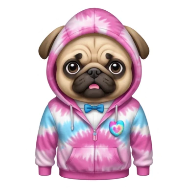 A pug wearing a pink and white tie die hoodie sticker