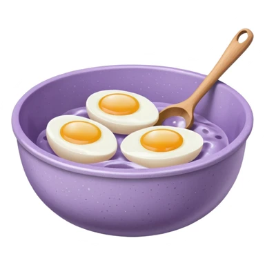 a lilac ceramic mixing bowl with a wooden spoon stirring and sitting next to it is a few eggs sticker
