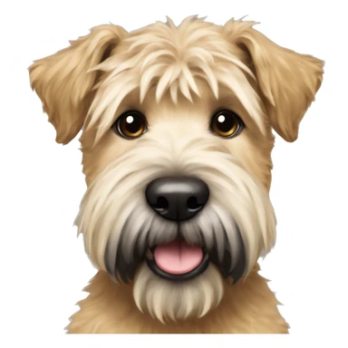 Wheaten terrier with a fluffy puppy haircut and black ears and chin sticker