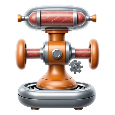 sausage-processing droid. retro-futuristic style. top is a circular industrial meat grinder with rotating gears and blades. Two robotic arms feed material into grinder. Sausage links extrude from the rear like  factory. The body is metallic, compact, and floats above the ground.no legs. Dark humor sticker