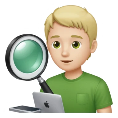 Человек в зеленой футболке , который смотрит в компьютер через лупу  sticker