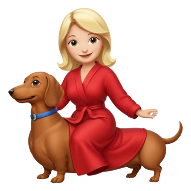 A blonde curvy woman riding on top of a dachshund wearing a red robe sticker
