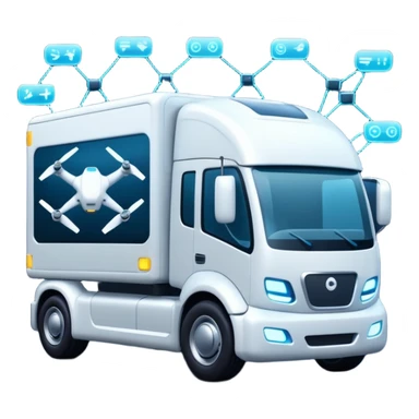 create a realistic emoji of a futuristic warehouse automation, autonomous trucks, smart drones, and glowing data networks — cinematic lighting, innovation atmosphere. sticker