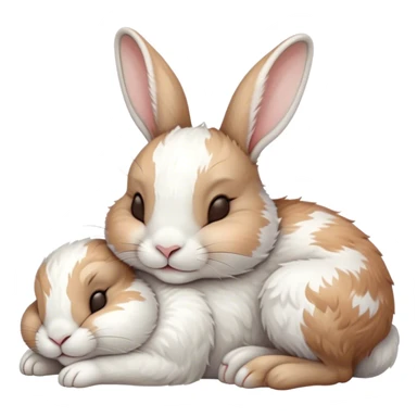 Meme-Worthy Cute Sleeping White and Brown Rabbit Portrait Emoji, Head resting peacefully with a contented smile, showcasing a delightfully balanced build and a luxuriously soft patterned fur of white and brown, eyes shut in a serene nap, Simplified yet hilariously adorable features, highly detailed, glowing with a soft, drowsy light, high shine, relaxed and utterly lovable, stylized with an air of playful laziness, bright and heartwarming, soft glowing outline, capturing the essence of a comically sleepy bunny, so meme-worthy it feels like it could instantly become the next viral sensation of adorable slumber! sticker