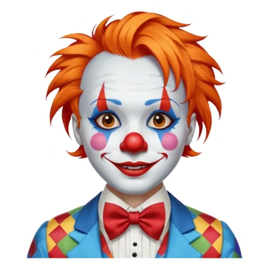 Orange hair styled in upward tufts.

White face paint, red nose, red lips, and thin black eyebrows.

Wearing a colorful patchwork clown suit with a big blue bow tie.

Happy, cheerful smile. sticker