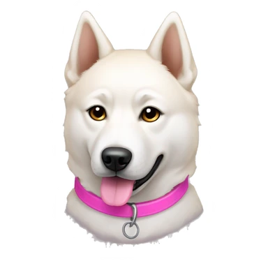 White jindo dog with pointy light brown ears and pink collar sticker