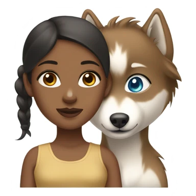 Brown girl with blue eyes next to a female Husky beige golden with green eyes sticker