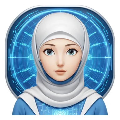 woman with white hijab wearing blue outfit, looking straight ahead, surrounded by futuristic screens showing advanced holographic interfaces, AI visualizations, quantum data patterns, circuit networks, high-tech metaverse elements sticker