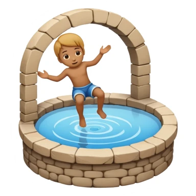 Create a clean emoji-style icon showing a small child falling into a round stone water well. The well must be clearly recognizable: circular stone rim, dark opening. Show the child mid-air, tilted downward above the well with simple motion lines. sticker