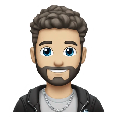 Younger white male that has grey blue eyes, dark brown hair with grey on the sides, a beard, and tattoos. He is wearing a diamond coated white gold necklace and a black punk band t-shirt while waving hello sticker