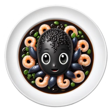 cinematic-realistic-black-risotto-dish-emoji,-showcasing-small squid pieces in black sauce -rendered-with-bold-textures-and-dynamic,-dramatic-lighting in a white plate sticker
