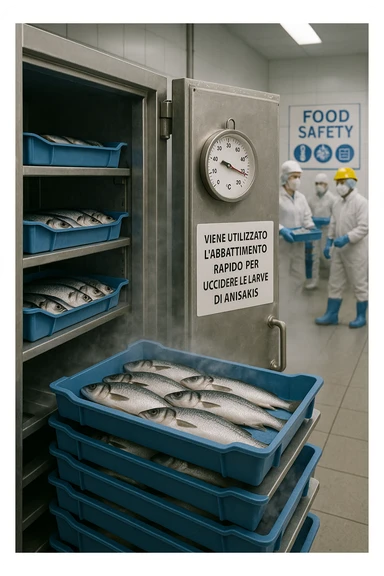 a fish processing facility where freshly caught fish are placed on trays and moved into a large industrial freezer. A temperature gauge shows -20°C, and an educational label explains that rapid freezing (abbattimento) is used to kill Anisakis larvae. The background includes workers in protective clothing and clear signage about food safety. in italiano sticker