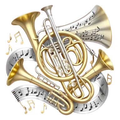 Create a festive and elegant emoji collage featuring a bouquet or fan of bells of wind instrument  (trumpets, saxophones, trombones, tubes, etc.) arranged in a radiant, symmetrical pattern. The instruments should have polished, golden and silver finishes, with their large, shiny bells forming a beautiful, fan-like display. Include a flowing ribbon of musical notes swirling through the center, conveying movement and melody. The background should feature a deep red velvet texture, adding a touch of luxury and sophistication. The overall composition should be balanced, with an elegant and regal feel, with a transparent background to keep focus on the instruments and musical elements. sticker
