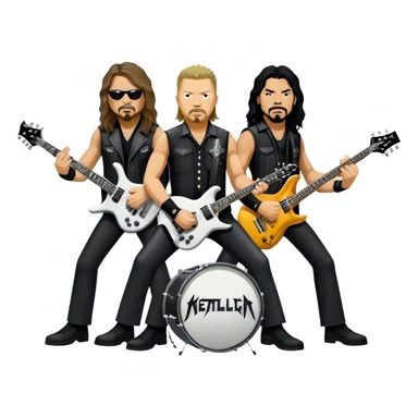 Icon for Metal Music: Metallica band members detailed in their signature look. James Hetfield with guitar, Lars Ulrich on drums, Kirk Hammett with his electric guitar, and Robert Trujillo playing bass. Bold, energetic style with musical notes, all in a heavy metal aesthetic. Transparent background. sticker