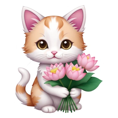 Kitten holding a bouquet of lotus flowers sticker
