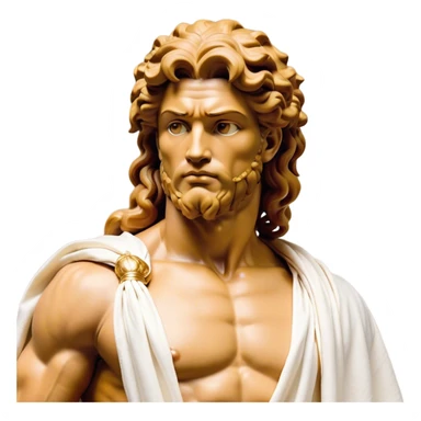 Cinematic Realistic Hercules Portrait, head tilted playfully and inquisitively, showcasing a blend of legendary power and youthful charm with the refined features of Michelangelo's David. His light tan, sculpted skin and thick, curly, golden brown hair—styled with wild majesty—evoke the spirit of the lion-wrestling Hercules. Clad in a softly draped white robe with subtle golden details and adorned with a Greek laurel wreath, his expressive eyes and warm smile capture an approachable yet formidable hero, bathed in gentle natural lighting. sticker