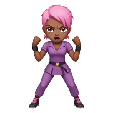full body angry feminist with half bald head and half pink hair, extremely angry facial expression, fists clenched, aggressive stance sticker