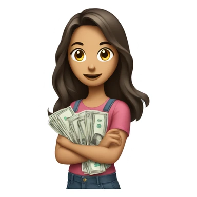 brunette girl with long hair holds paper dollars in her hands sticker