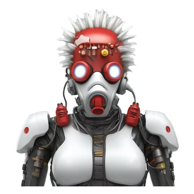 White Mohawk female cyborg head with red respirator mask and circuits sticker