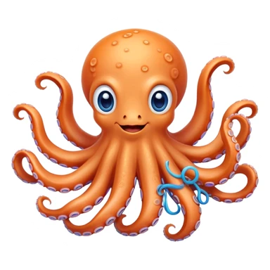 Cinematic Cute smiling Octopus Portrait Emoji, Head tilted playfully and inquisitively, featuring a rounded, light orange body embellished with playful blue rings, eight adorably curling arms, and big, twinkling eyes full of wonder, Simplified yet irresistibly adorable features, highly detailed, glowing with a warm, inviting underwater glow, high shine, affectionate and lively, stylized with a touch of whimsical cartoon charm, soft glowing outline, capturing the essence of a mischievous yet loving octopus that seems as if it could bob out of the screen into your arms! sticker