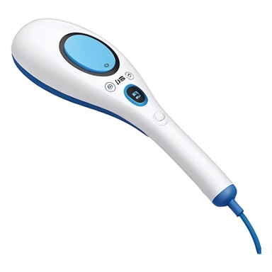 a white handheld massager with a rounded, padded head and a long handle. The handle features a blue accent area with a small black switch in the center, and a cord emerging from the bottom. The head is slightly larger than the handle and attached with a short blue neck sticker