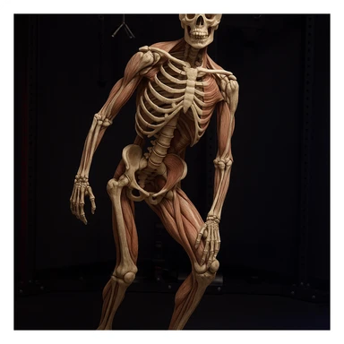 Hyperrealistic anatomical view of the same pose: tilted pelvis, valgus knee, pronated foot, with detailed visible bones and muscles, gym environment, 4K quality. Variant 1: more pronounced pelvis tilt. sticker