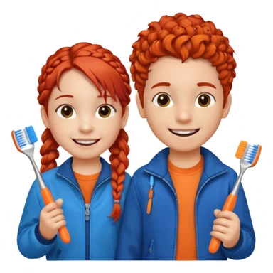 Two children smiling with toothbrushes in their hands. On the left is a girl with braided red hair, wearing a blue jacket and an orange shirt. On the right is a boy with curly black hair, wearing an orange shirt. Both are holding blue toothbrushes and look happy and healthy. sticker