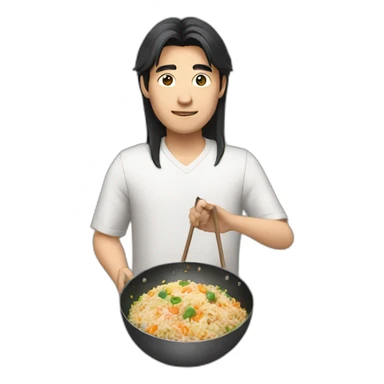 asian guy with long hair holding a wok that has fried rice in it sticker