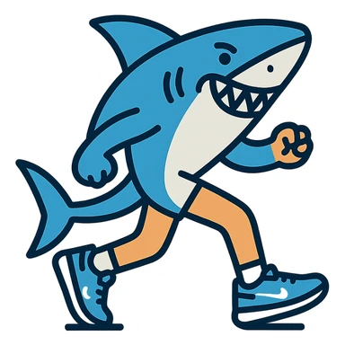 playful shark with human-like legs running in blue Nike shoes outlined in modern color icon style sticker