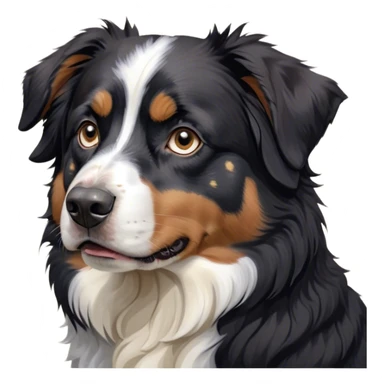 Cinematic Grumpy Black Tri Australian Shepherd Portrait Emoji, Head tilted slightly with a deeply unimpressed expression, thick black fur with bold white and tan markings, large, droopy dark eyes narrowed into an unamused glare, ears drooping in exasperation, Simplified yet comically expressive features, highly detailed, glowing with a dry, sarcastic glow, high shine, effortlessly judgmental yet dignified, stylized with a touch of cynicism, bright but brooding, soft glowing outline, capturing the essence of an eternally unimpressed yet endearing pup, so lifelike it feels like it could sigh heavily at you in disdain at any moment! sticker