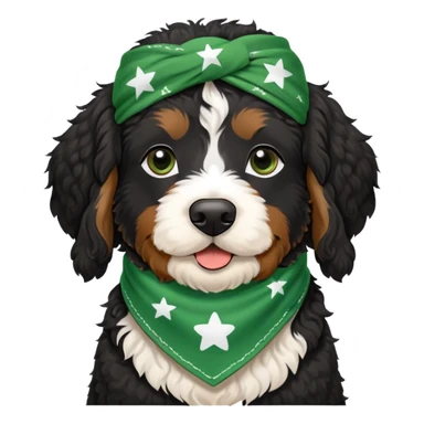 black Berenedoodle dog black face with white eyebrows with a green bandana around its neck sticker
