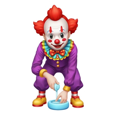 Clown dropping down to pick up soap sticker