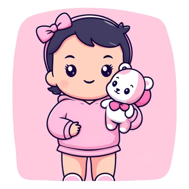 cute toddler girl with pastel pink clothes holding a pink teddy bear sticker