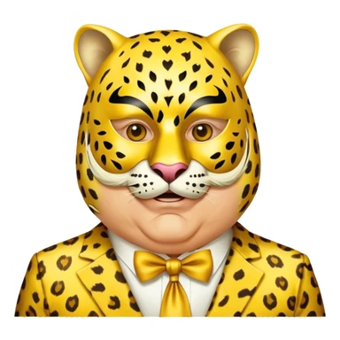 a fat old man, with a yellow suit,  wear half-face golden Leopard masquerade mask sticker