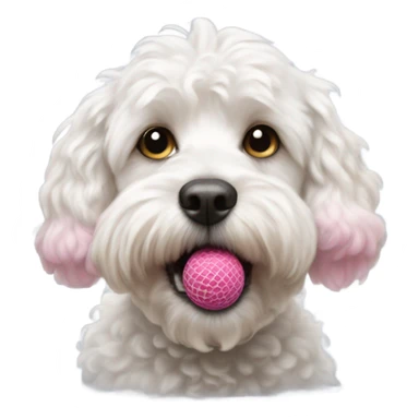 White cockapoo dog with pink tennis ball in mouth sticker