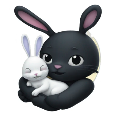 Black rabbit hugging white rabbit with moon behind them sticker