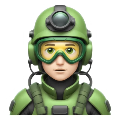 white-skinned male futuristic soldier in green high-tech gear, ultra-modern helmet with night vision goggles, mask, cool and brutal, emoji style sticker