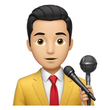 Man with black pulled back hair, wearing a yellow suit and red tie, holding a microphone sticker