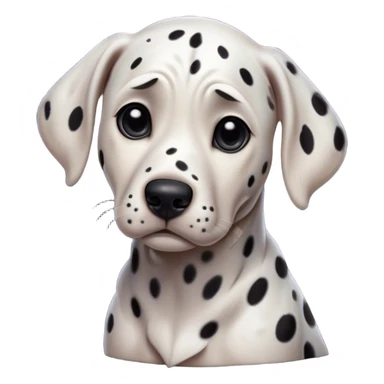 Cinematic Grumpy Dalmatian Portrait Emoji, Head tilted slightly with a deeply unimpressed expression, featuring a glossy white coat with prominent black spots and a furrowed brow, large, droopy dark eyes narrowed into an unamused glare, ears slightly drooping in exasperation, Simplified yet comically expressive features, highly detailed, glowing with a dry, sarcastic glow, high shine, effortlessly judgmental yet dignified, stylized with a touch of cynicism, bright but brooding, soft glowing outline, capturing the essence of an eternally unimpressed yet endearing companion, so lifelike it feels like it could sigh heavily at you in disdain at any moment! sticker