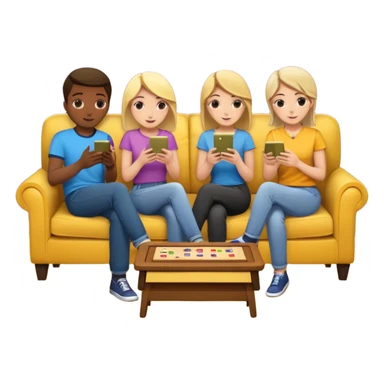 group of friends on couch playing a trivia game couch should be deep dark yellow color.  include a small wooden table in front of the couch as well sticker