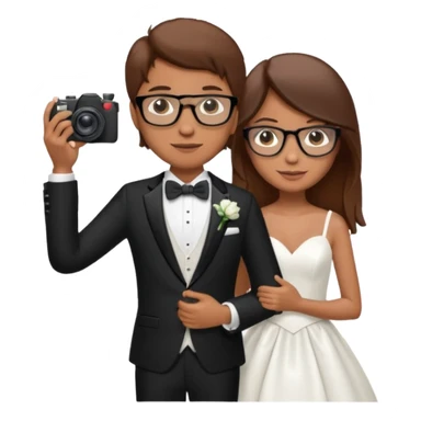 Un fotógrafo con pelo moreno, gafas, cámara en la mano derecha, fotografiando una boda sticker