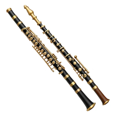 Create a detailed and elegant emoji depicting an oboe. The design should include a thin cylindrical black oboe body with intricate keys visible along its entire length. A small cane, typical for this instrument, should be visible in the upper part. Use rich wood tones with silver or brass inserts on the keys to emphasize the high quality of oboe performance. Add subtle musical notes surrounding the instrument to emphasize its expressive, melodic sound. The background should be transparent. sticker