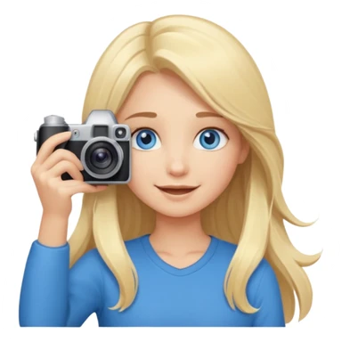  blue eyes blonde girl photographer cartoon taking picture in middle of taking picture camera in front of face long hair smiling funny flash professiona sticker
