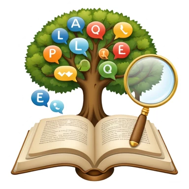 An icon featuring an open book, a speech bubble, and a linguistic tree, symbolizing philology and linguistics. The design includes alphabets, language symbols, and a magnifying glass, representing the study of language, structure, and meaning. Transparent background sticker
