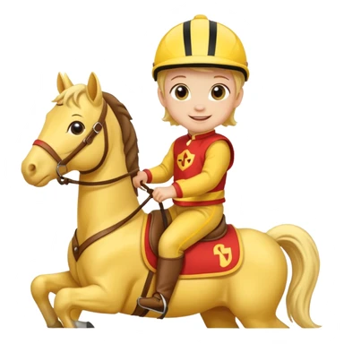 baby riding horse wearing racing cloth yellow sticker