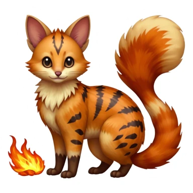 realistic  ember-rust copper fur molten with glowing magma seams and smoky tips beautiful elegant pretty precious cute  Fakémon-Pokémon-opossum-feline-serval-caracal-chinchilla-Furret-Minccino-hybrid-creature with a big fluffy bushy tail (full body) sticker
