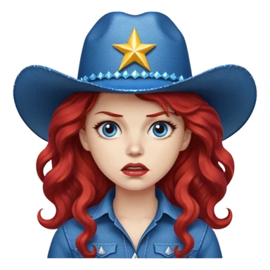 Angry woman with big red wavy hair wearing sparkly blue cowboy hat  sticker