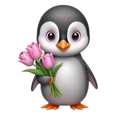 Cute baby penguin holding flower bouquet wraped in white paper and all flowers tulips in pink colour sticker